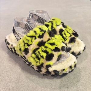 UGG Fluff Yeah Neon Leopard Shearling Platform Slides Womens 9